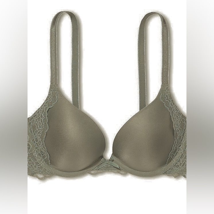 32c Victoria Secret Plunge Bra Padded Green Floral Lace Underwire Push Up Vs